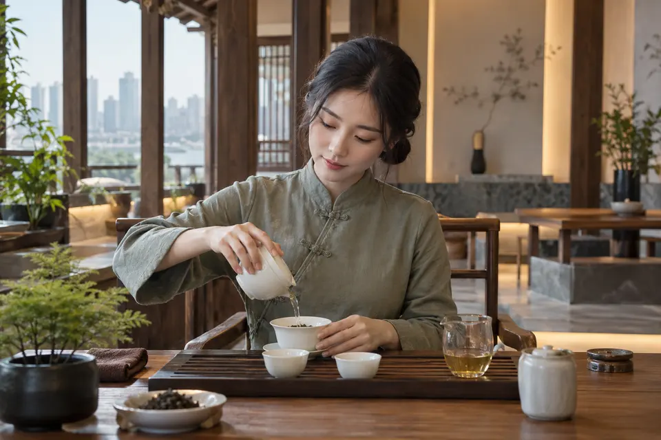 新中式茶席上以盖碗冲泡的场景，桌面摆有茶具与绿植