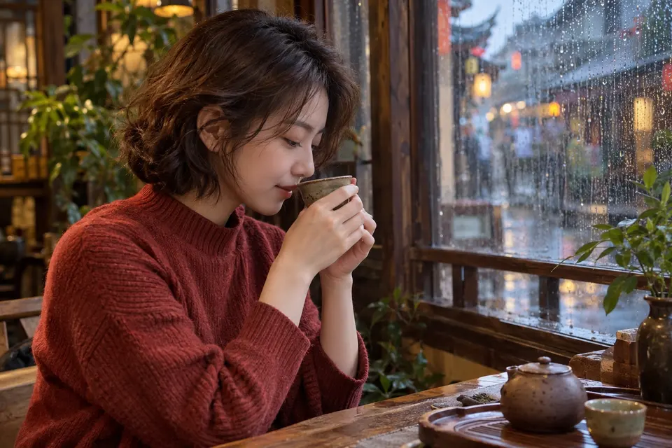 雨天窗边以陶杯闻香的品茶场景